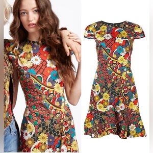 Alice + Olivia floral red, yellow, multi color ruffle skirt, cap sleeve dress